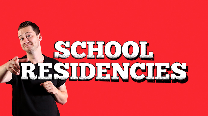 Rapid Fire Theatre performer Steven points at you with a red background and School Residencies in big letters